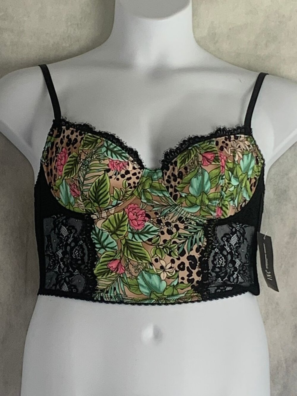 INC Women's Sexy Lace Bustier Lingerie, Floral Jungle Leopard Multi, Medium